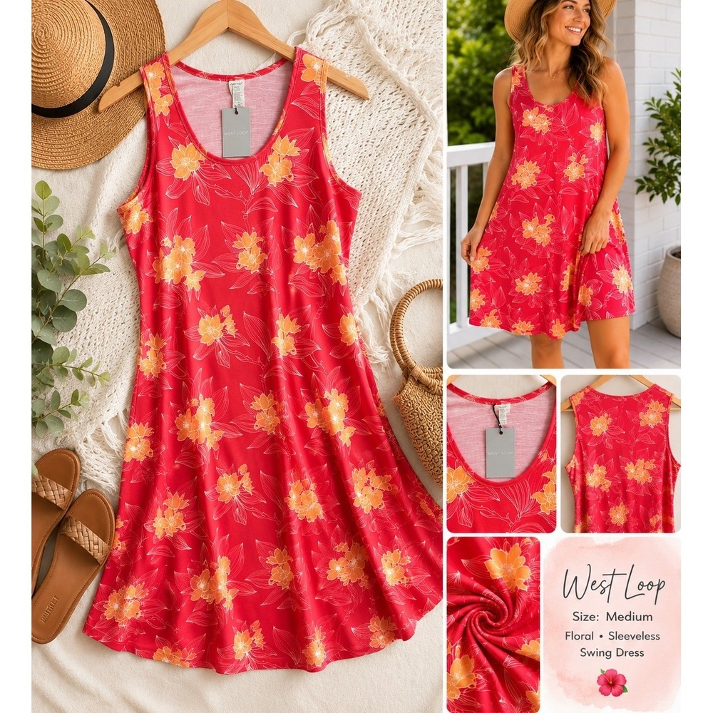 West Loop Womens Red Floral Sleeveless A-Line Tank Dress Medium NWT